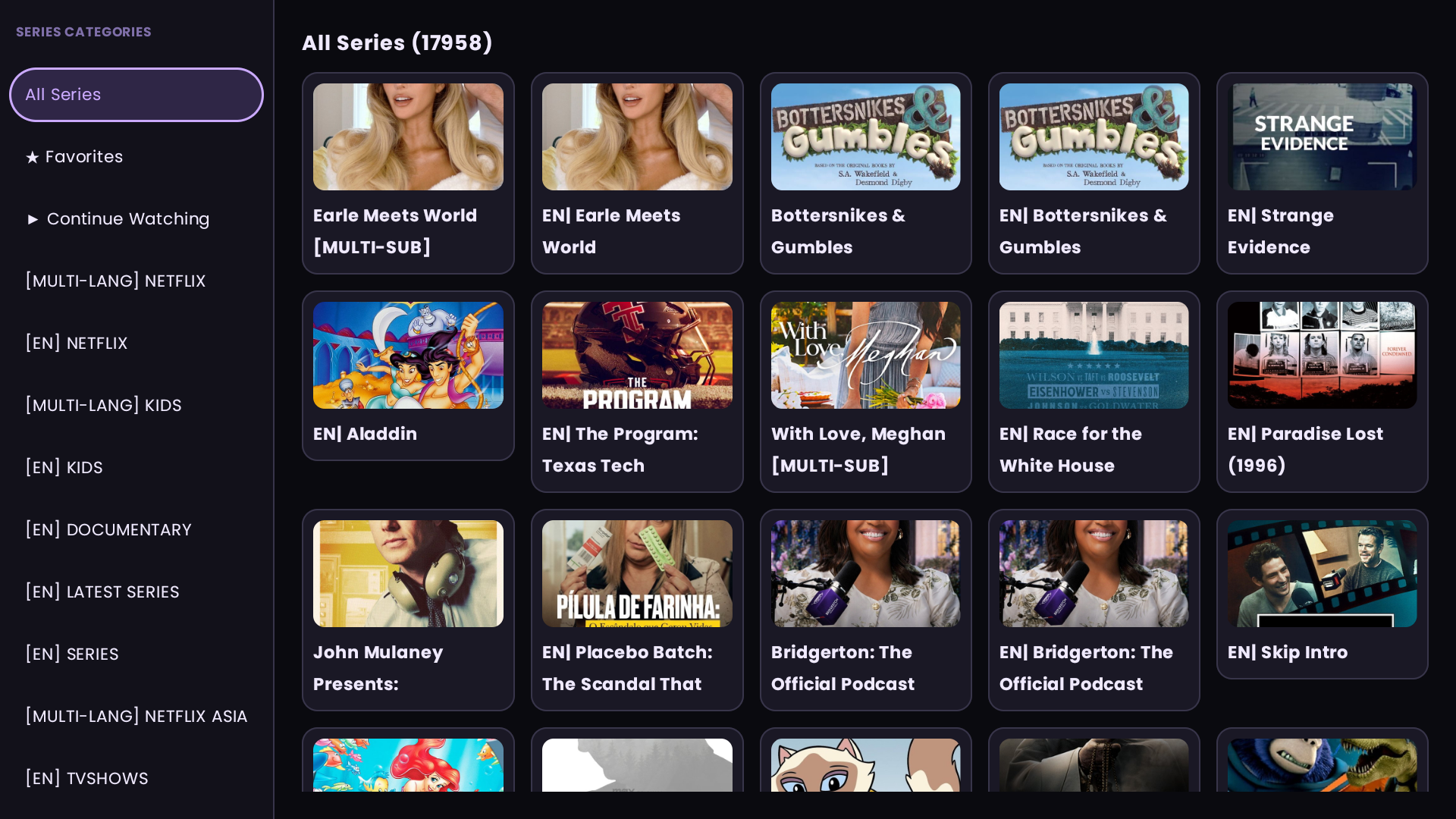 TV series library grid with categories